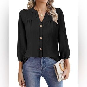 NWOT MixShe Dressy Casual Quarter Length Sleeve Pleated Button Down Blouse